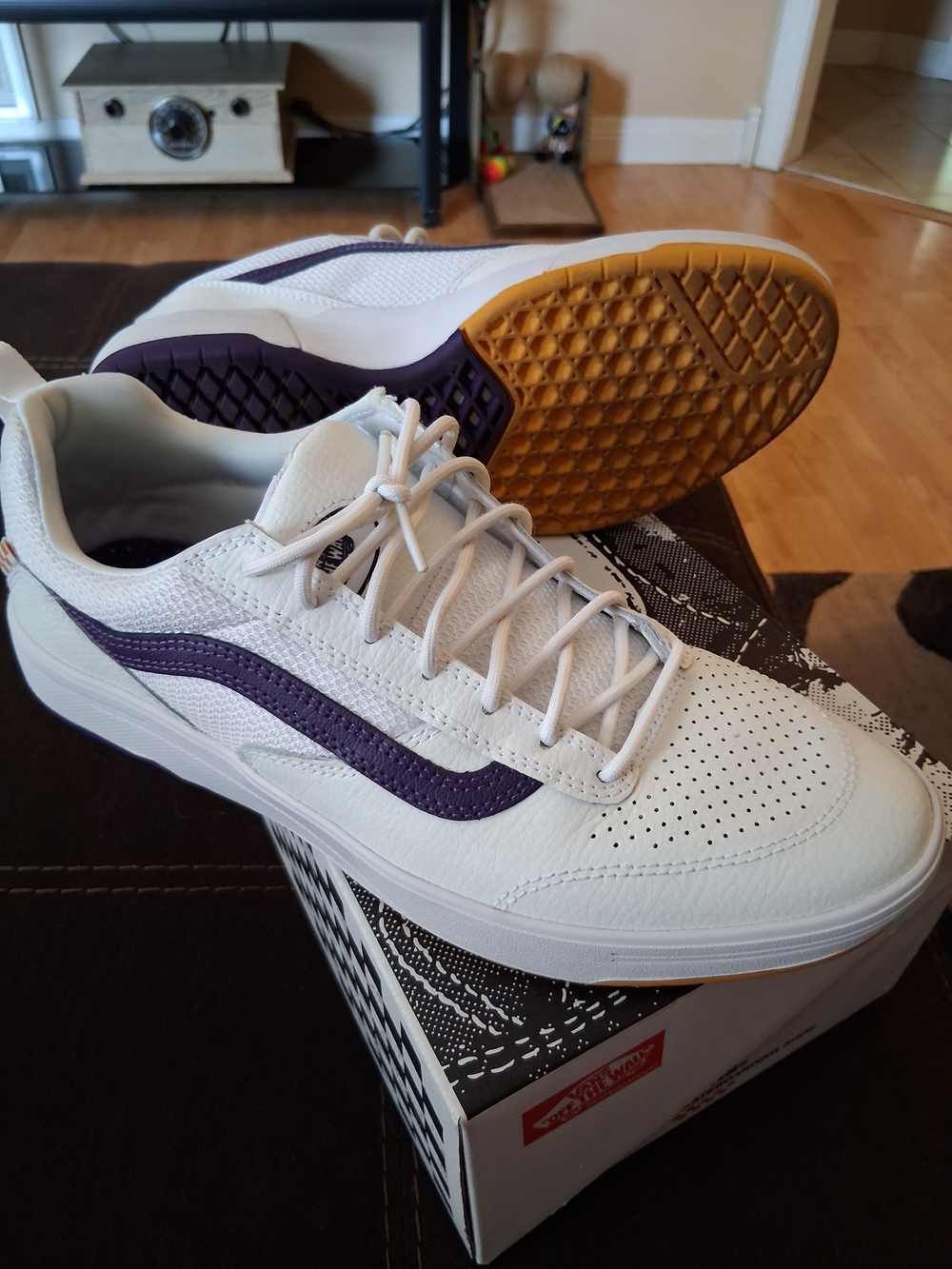 White Sneakers with Purple Stripe and Gum Sole